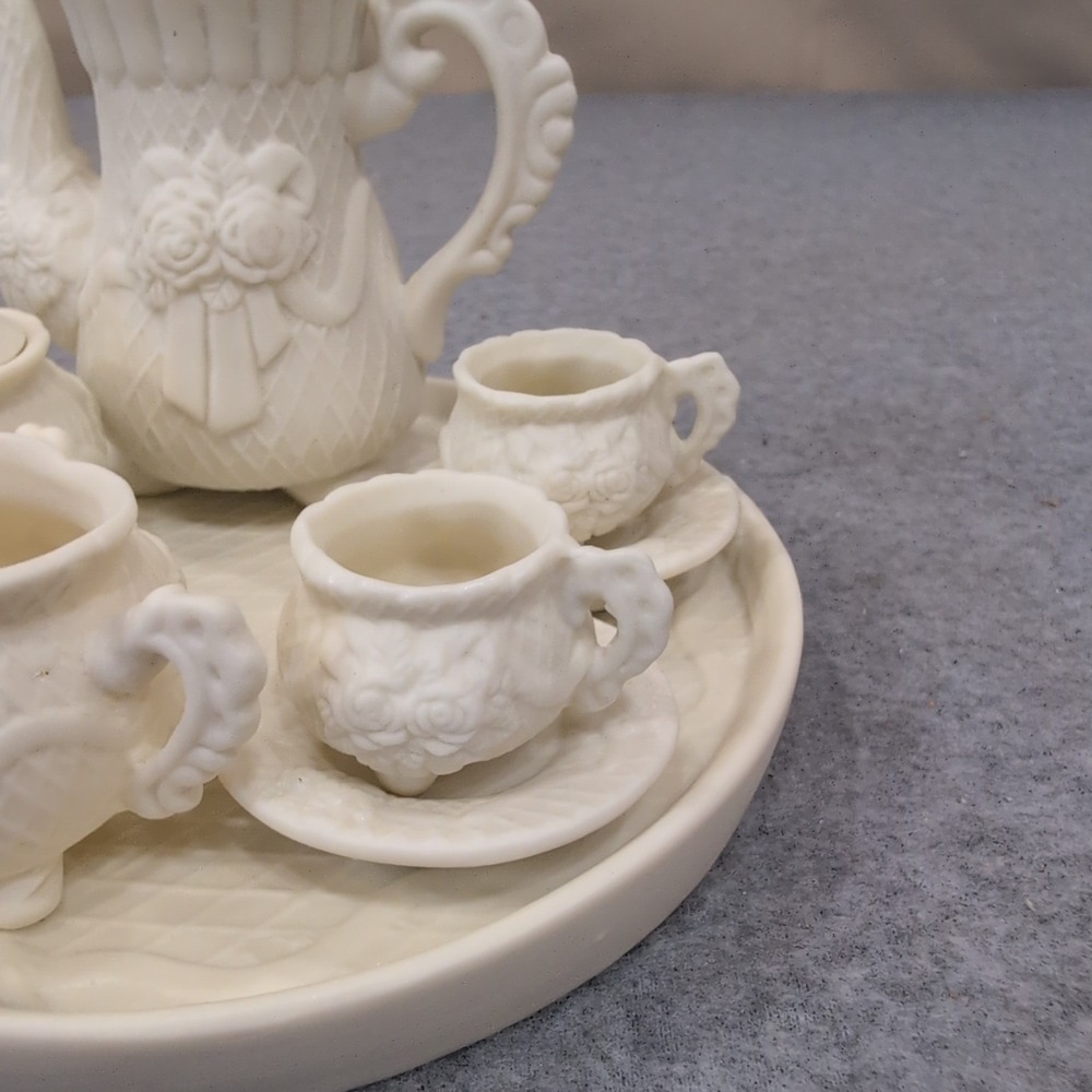 Albert E Price Miniature Porcelain Tea Set White Floral Relief 10 Piece Set - - Picture 3 of 8